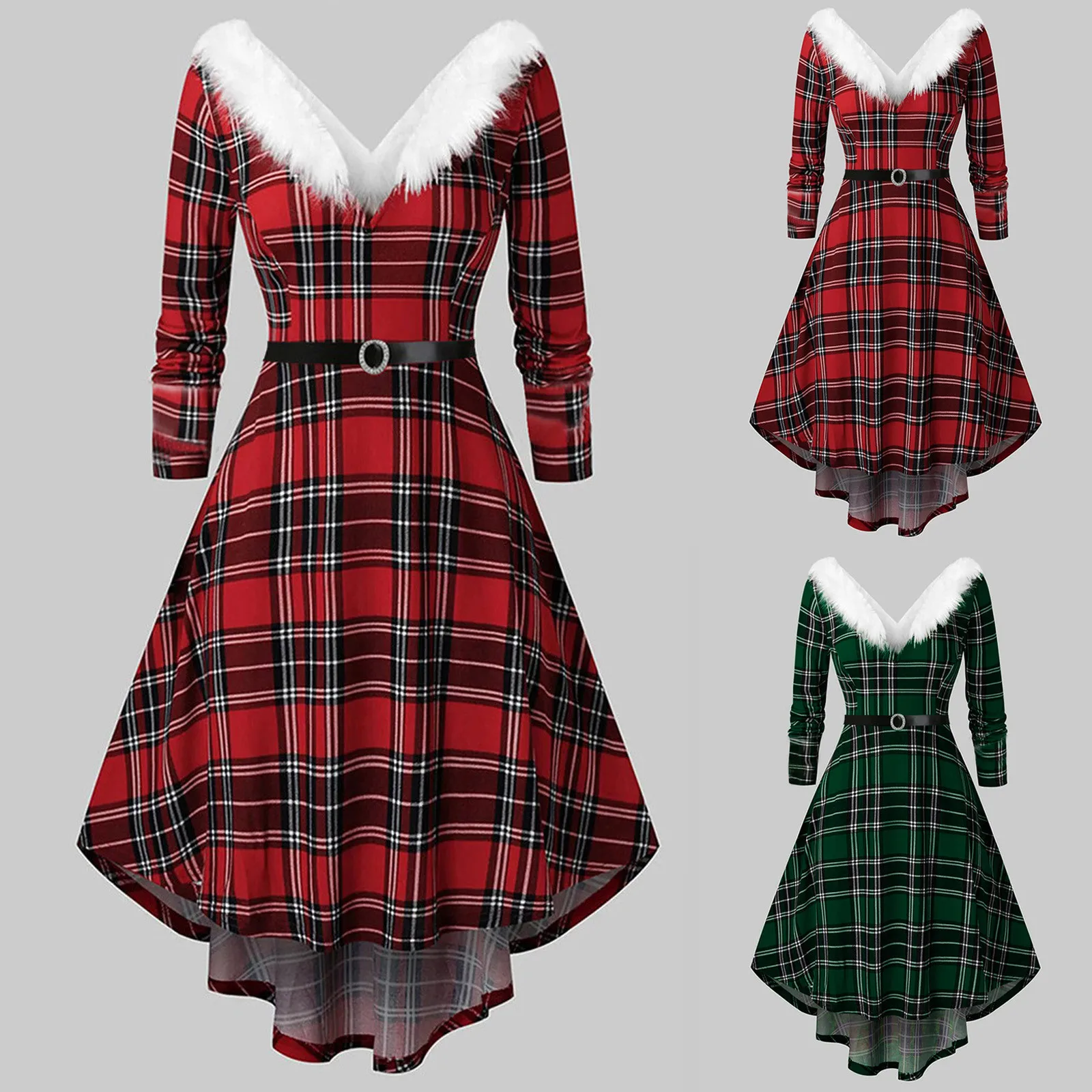 

Winter Women Red Elegant Dress Vintage Long Sleeve A-Line Printdress Vestidos Asymmetrical Christmas Party Dress