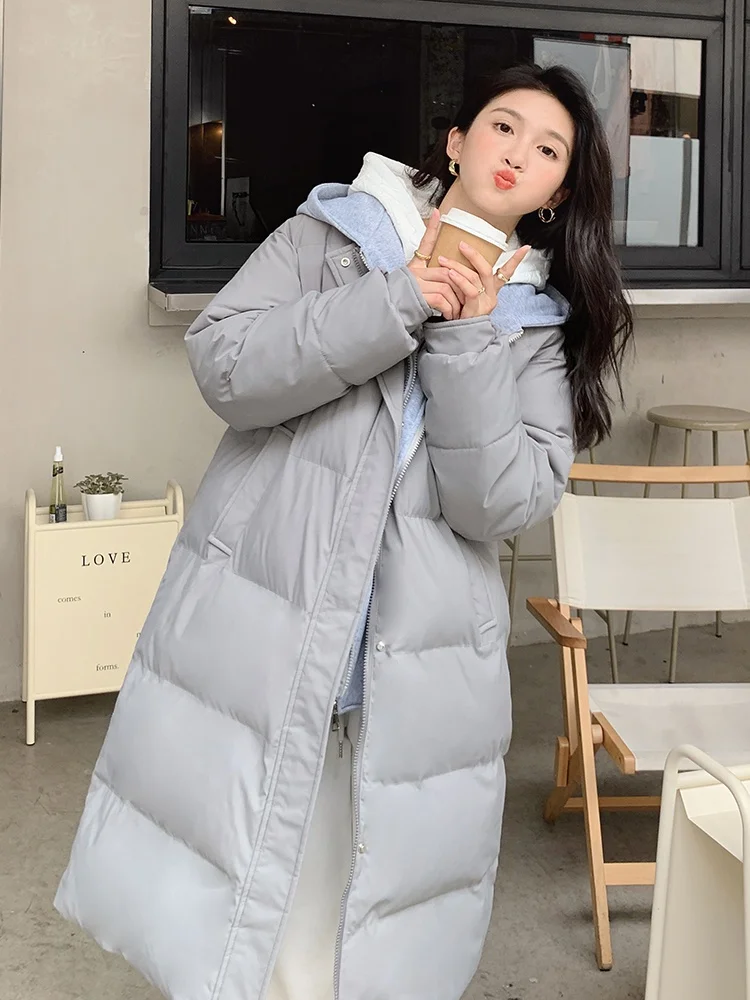 

Beardon Winter New Fashion Women's Parkas Fake Two-Piece Hooded Long Down Cotton Padded Jacket Over The Knee Loose Student Coat