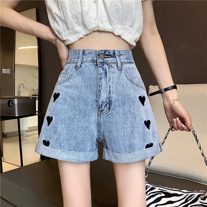 

High Waist Denim Shorts for Women 2021 Summer New Korean Harajuku Love Embroidery Slimming All-Match A- line Shorts Fashion