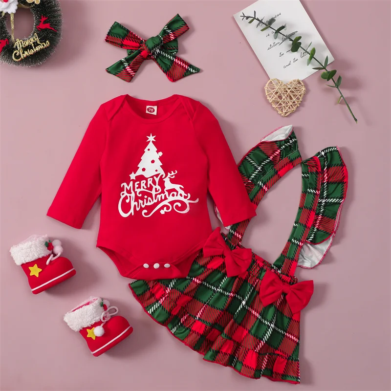 

3 Pieces Baby Girls Suit Set Letter Print O-Neck Long Sleeve Romper+ Plaid Suspender Skirt+ Headband for Christmas 0-24 Months