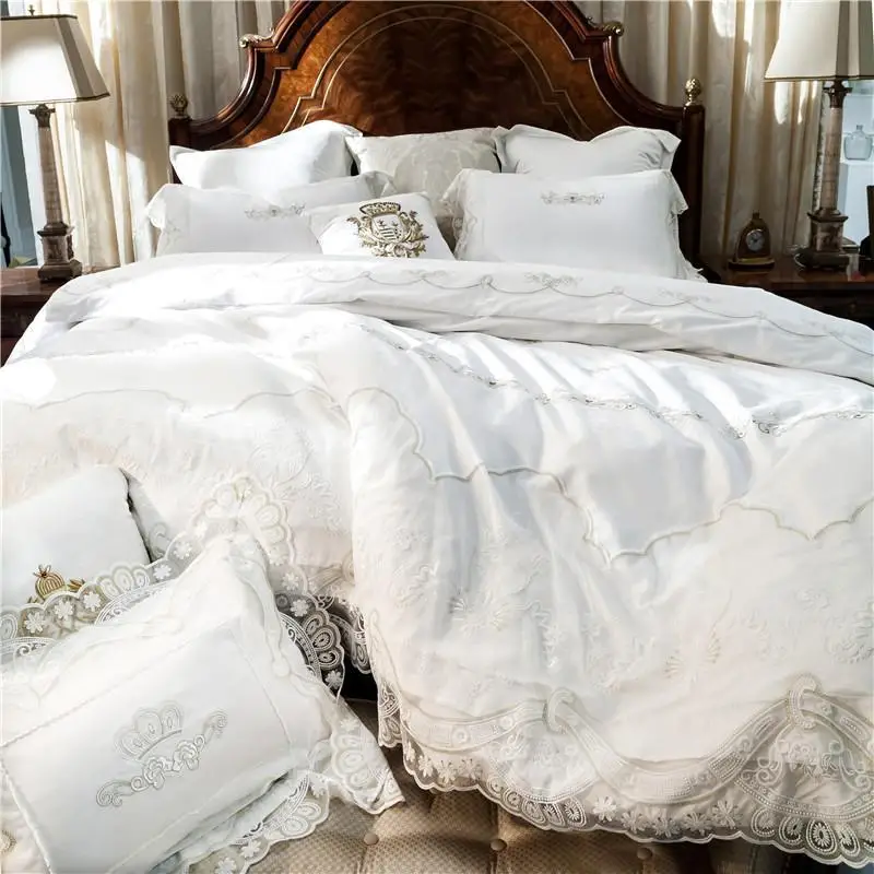 

J6 French style white romantic Lace edge Luxury Princess Egyptian cotton Bedding set Duvet Cover Bed Linen Bed sheet Pillowcases