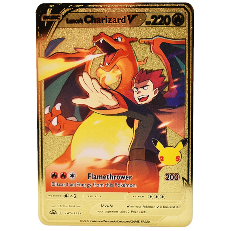 

Pokemon Card Golden Metal Vmax Energy Cap Pikachu Charizard 25th Anniversary Rare Collection Combat Trainer Child Christmas Toy