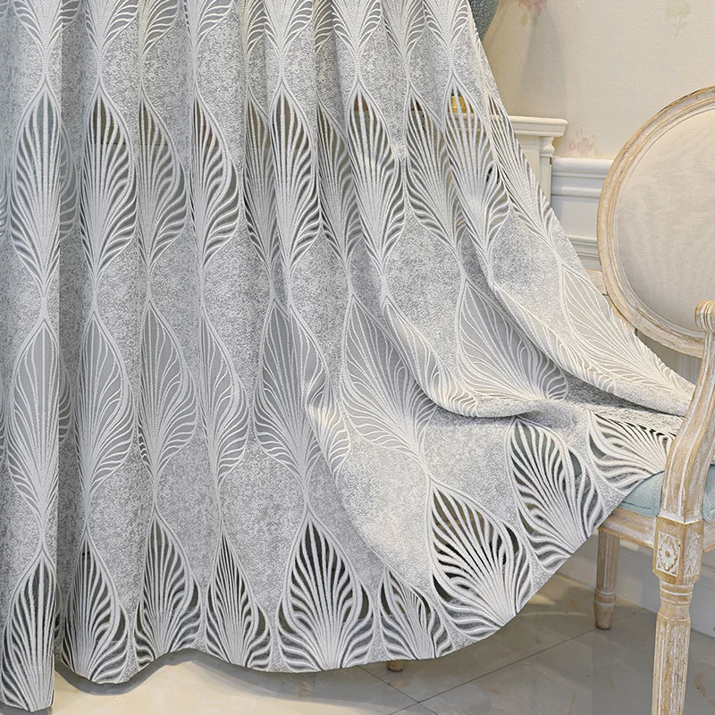 

Luxury Grey Leaves Textured Curtains for Living Room Sheer Drape Kitchen Window Bedroom Gauze Custom Made Fabric S369#D