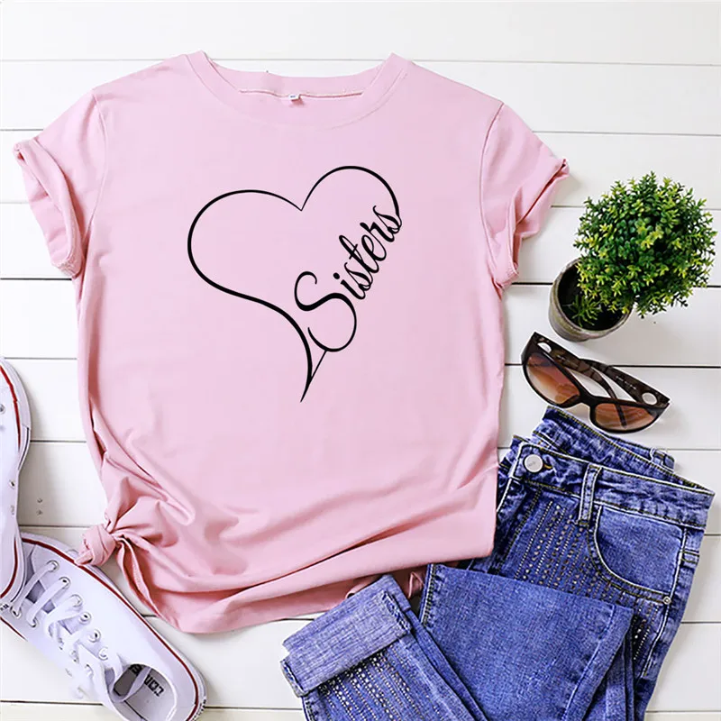 

New Sister Heart Print T Shirt Women Shirts O Neck Short Sleeve Tees Plus Size 100%Cotton T-Shirt Summer Women TShirt Pink Tops