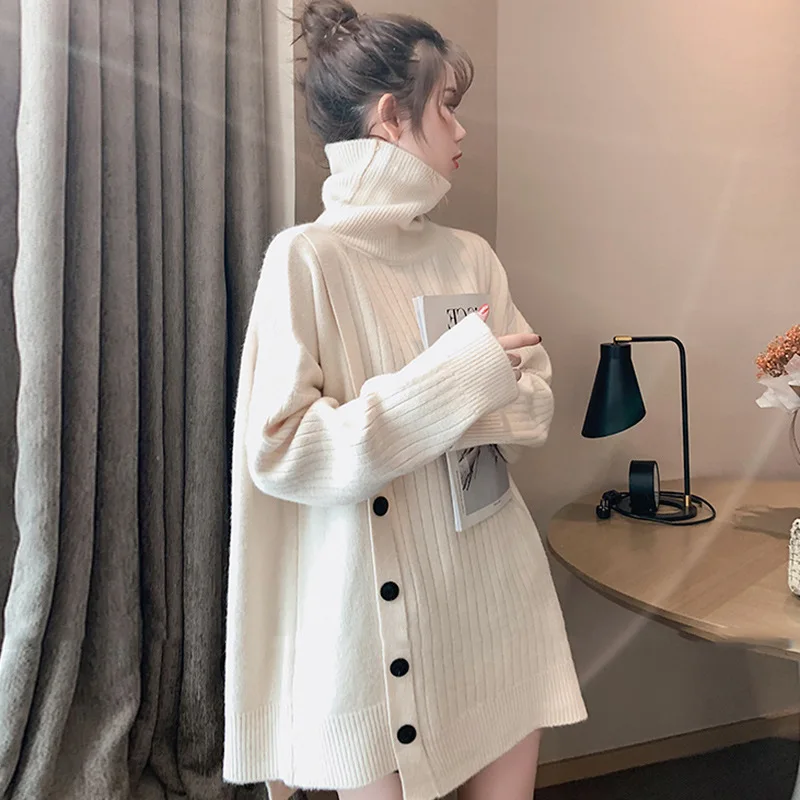 

Women Solid Turtleneck Knitted Sweaters Long Sleeve Oversized Ribbed Pullovers Autumn Basic Female Casual Knitwear Jumper X191