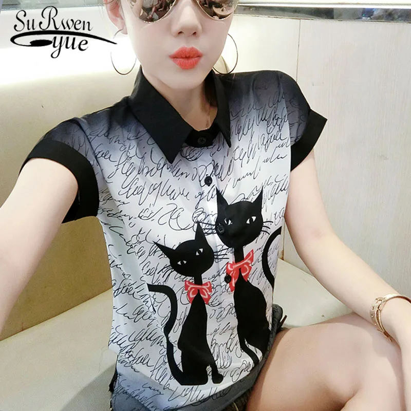 

Short Sleeve Summer Tops Blouses Cat Print Turn-down Collar Chiffon Blouse Women Casual Loose Women Shirt Tops Blusas New 4563