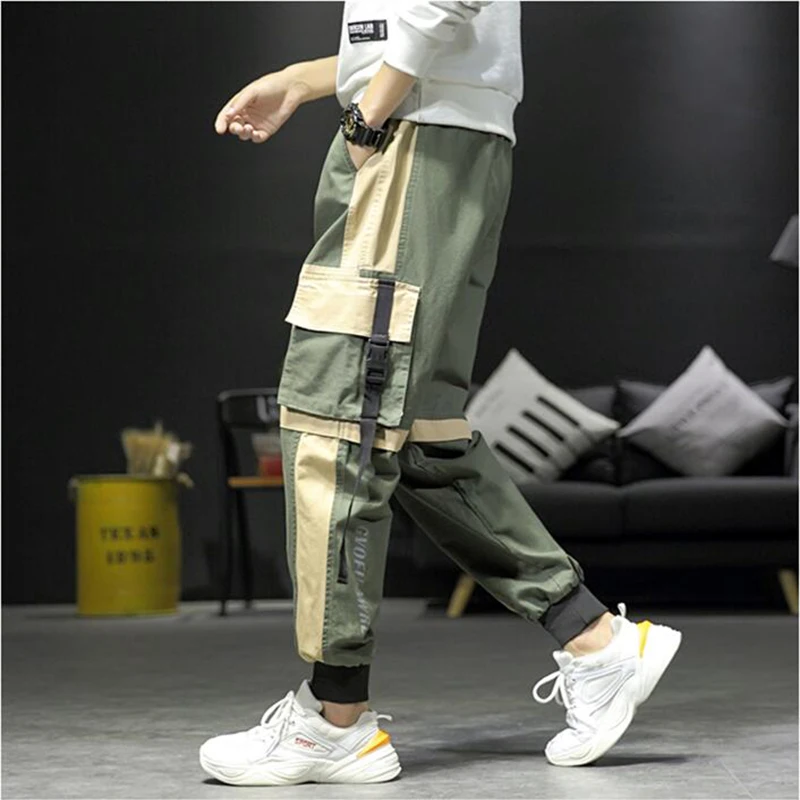 

MKASS Hot Sale Fall / winter 2019 Color Contrast Large Overalls Men's Loose Legged Casual Pants Men's Small Feet Pants