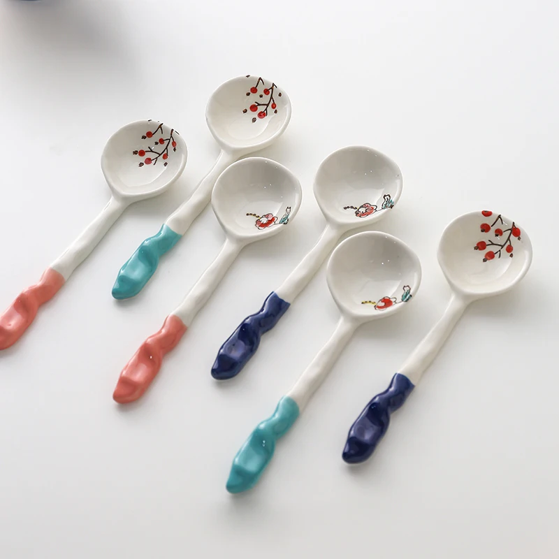 

Cute Hand-squeezed Irregular Soup Spoon Ceramic Under-glaze Creative Spoon Dinner Serving Spoon Large Drinking Dessert Spoons