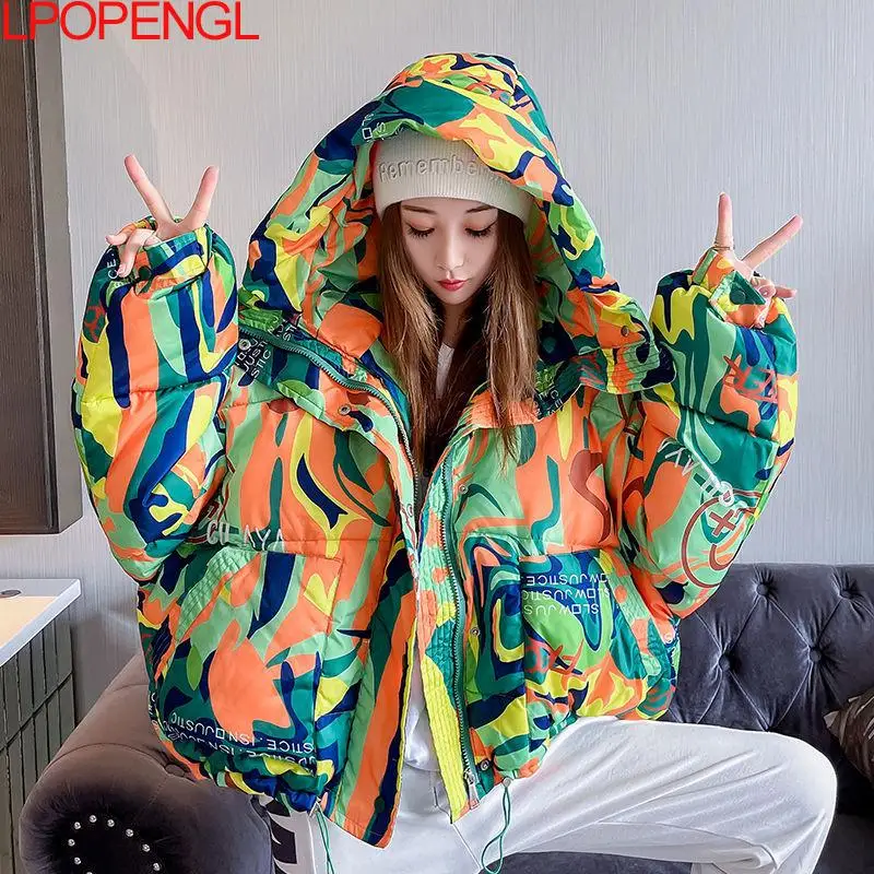 Warm Winter Cotton Jacket Women 2021 Graffiti Print Fashion Hooded Short Parka Coat Girls Thick Streetwear Hip-hop Padded Jacket