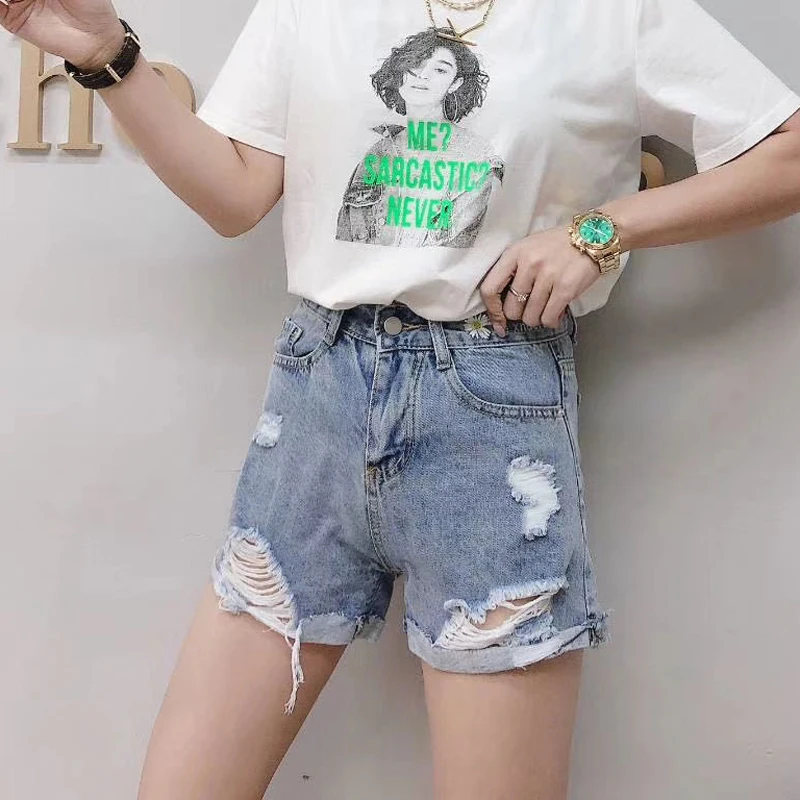 

Zoki High Waist Korean Women Denim Shorts Summer A Line Ripped Blue Short Jeans Casual Tassel Distressed Ladies Wide Leg Shorts