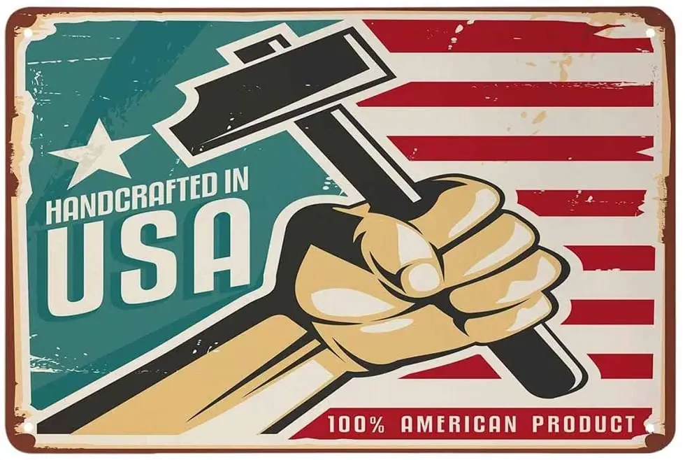 

American Flag with Hand and Hammer Vintage Metal Tin Sign Wall Decor for Bars, Restaurants, Cafes Pubs