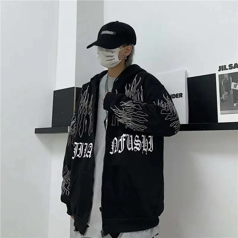 

Korean fashion dark flame print hooded sweater cardigan plus fleece jacket harajuku Female sweatshirt Oversized hoodie