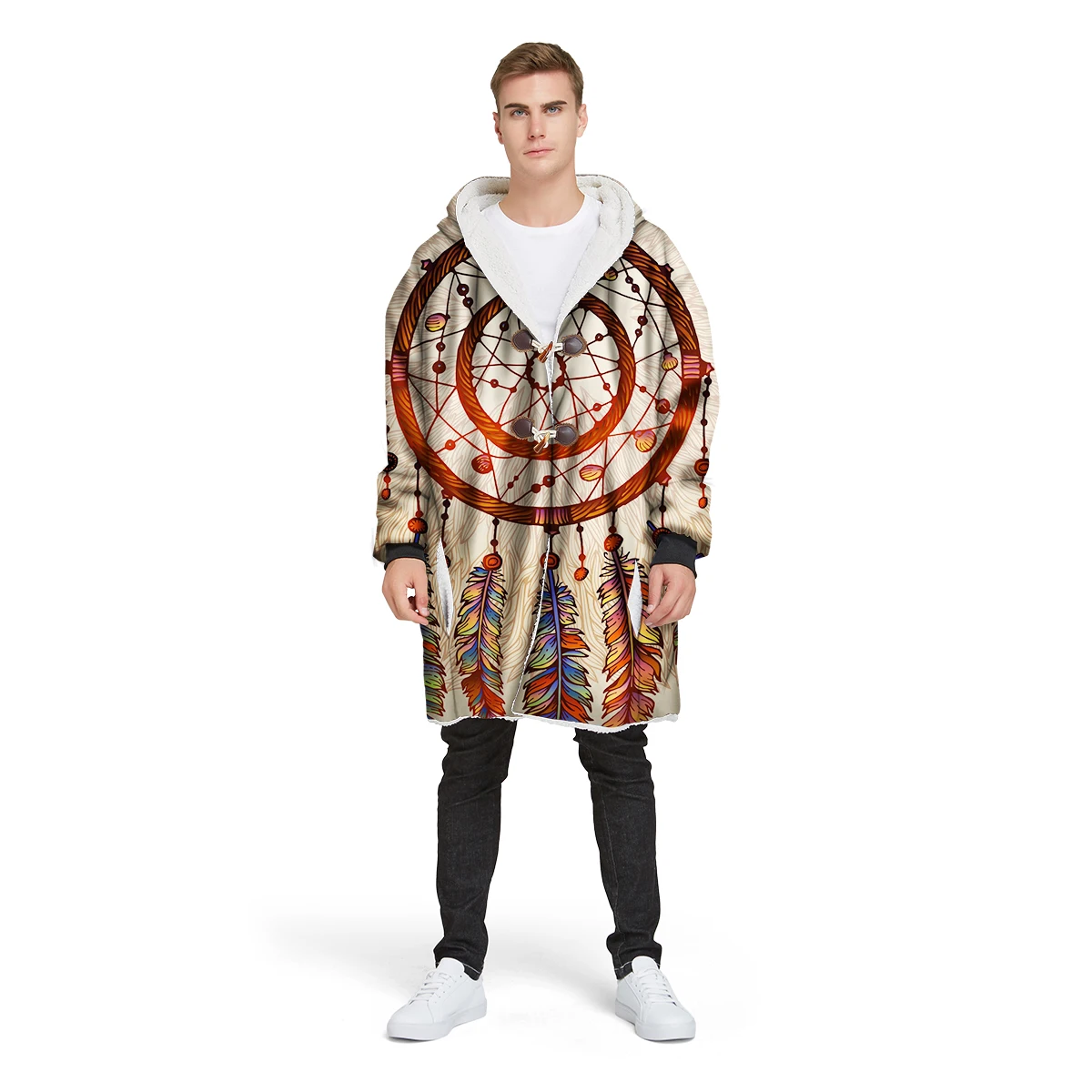 

3D print custom design man's Sherpa 2019 new brand coat loose long winter plus velvet jacket 100% polyester hooded warm CL24