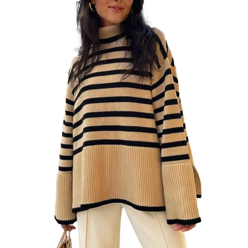 

Пуловер женский трикотажный с длинным рукавом, Свободный Повседневный свитер с воротником-хомутом, в полоску, в стиле пэчворк, женская одеж...