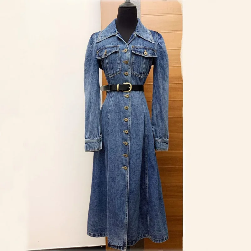 

2021 Autumn Single-breasted Denim Maxi Long Dress Women Korean Fashion Office Lady Dress Turn Down Collar Vestidos With Belt
