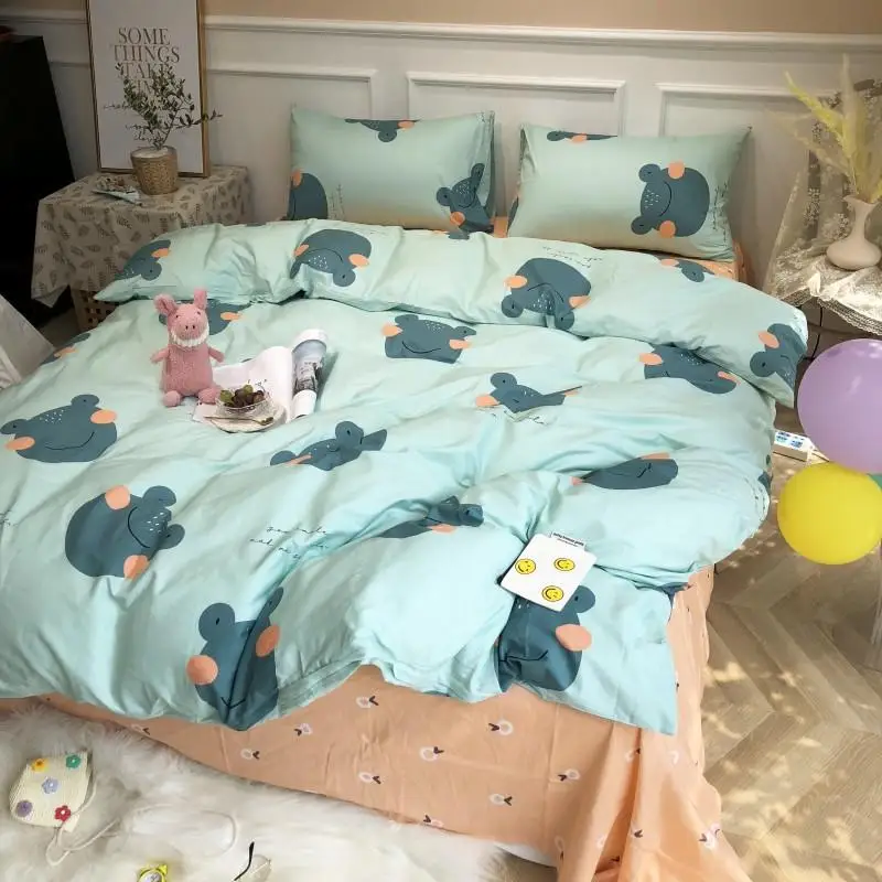 Cute pet frog Bedding Set cotton Bed cyan Linen Twin Queen King Size Sheet Double sided Duvet Cover | Дом и сад