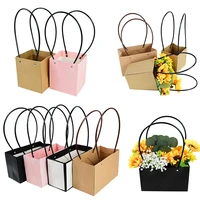 1pc kraft paper flowers box with handhold waterproof handbag pvc florist gift bags for wedding party gift packaging box bag