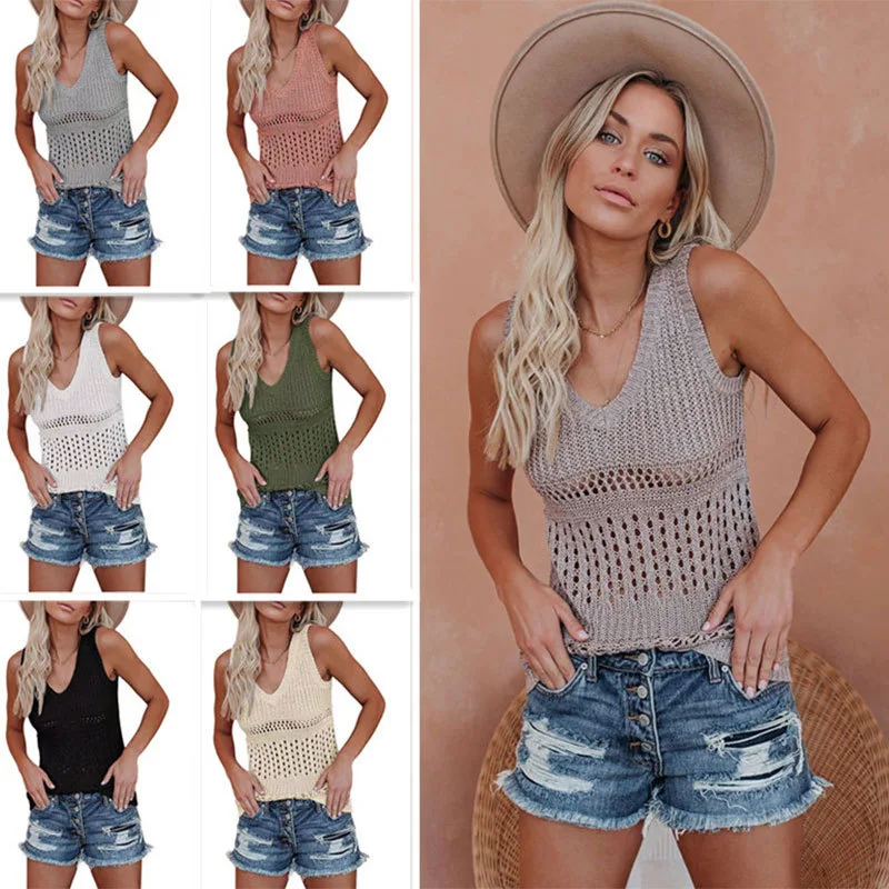 

Hollow Out V-neck Women's Vest 2021 Spring Autumn Solid Color Fashion Sleeveless Tops Casual Tank Tops Popular Streetwear