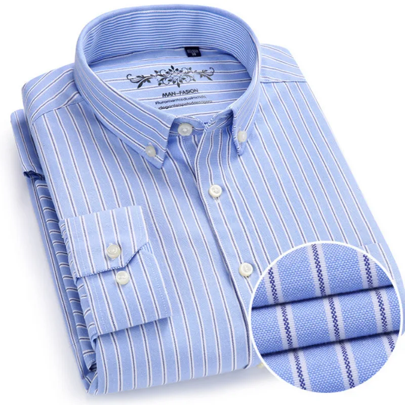 Men's Shirt Long-Sleeved Striped Plaid Oxford Textile Business Casual Shirt Men Slim Pure Color Backing Shirt 18color Size38-44