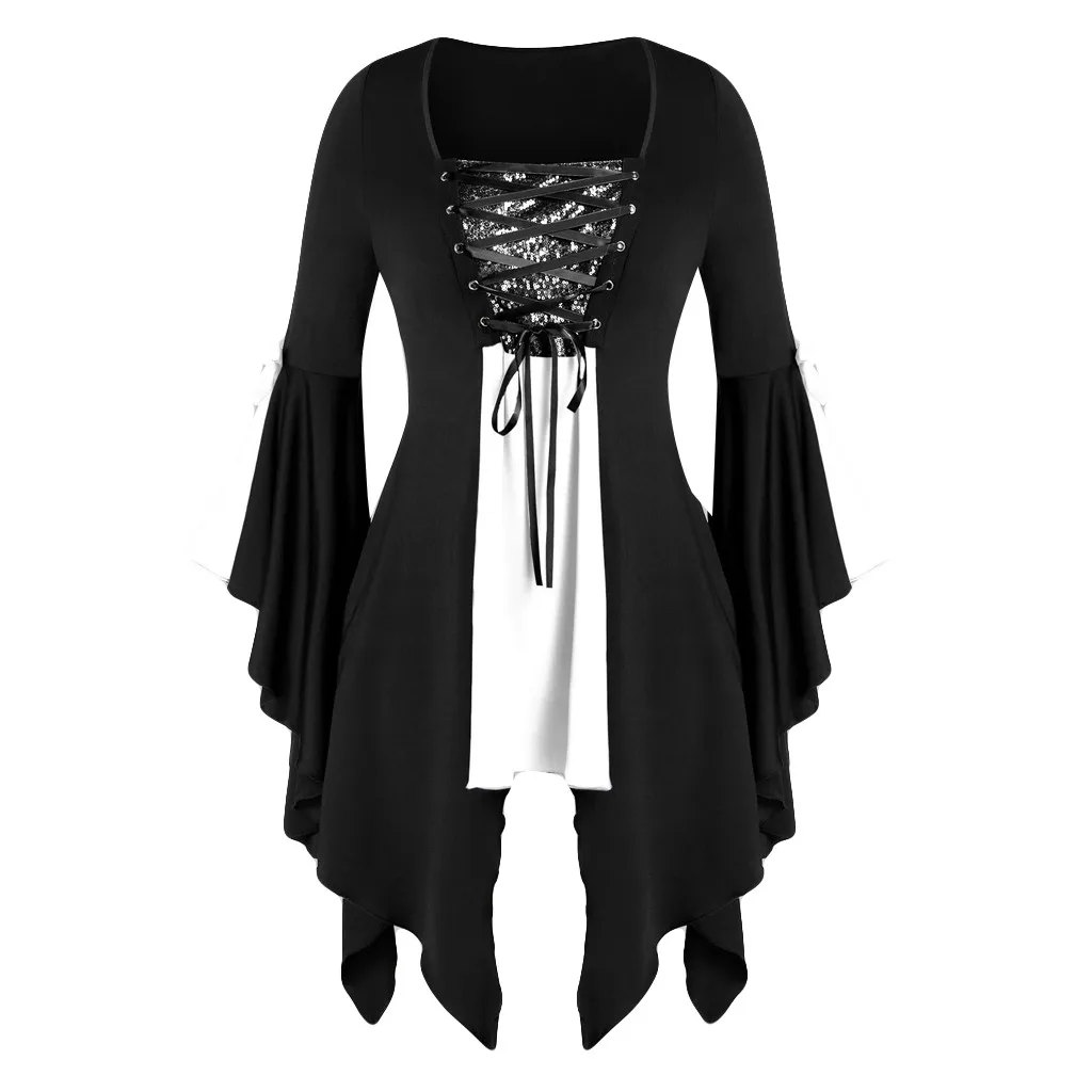 JAYCOSIN Women Plus Size Long Sleeve Tops Sequined shirts lace Up Gothic Tunic Tee Fashion Dress Lace Black Witch Top Mujer | Женская