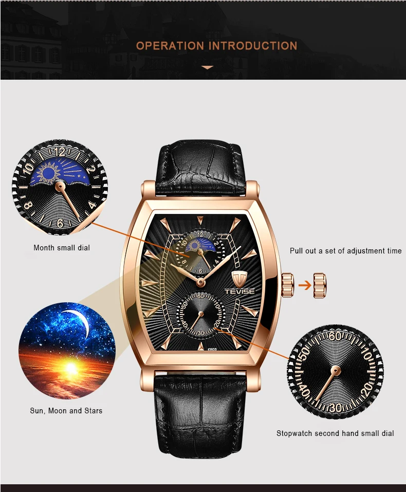 TEVISE 8383S мужские часы Moon Phase настоящие водонепроницаемые кварцевые часы с кожаным ремешком Мужские повседневные наручные часы Relogio Masculino
