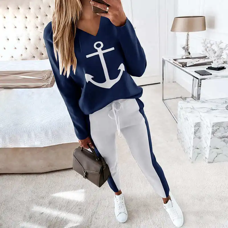 

Spring Autumn Polyester Women's T-Shirt V-Neck Long Sleeve Pullover Print White Navy Blue Two Piece Fashion Streetwear T-Shirt