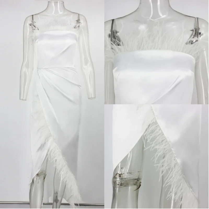 Fuedage Summer Satin Sexy Dress Women Feathers Long Strapless High Split Patchwork Backless Female Party Club Vestidos | Женская одежда