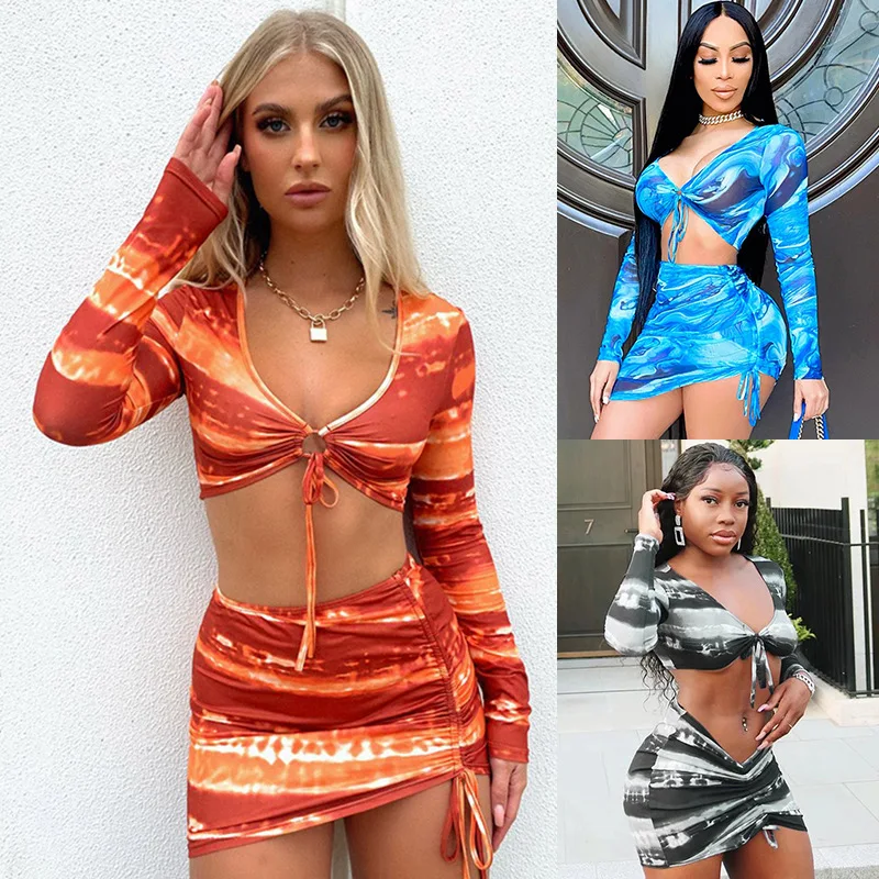 

2021 summer women's long sleeve sexy print low cut new suit women's skirt