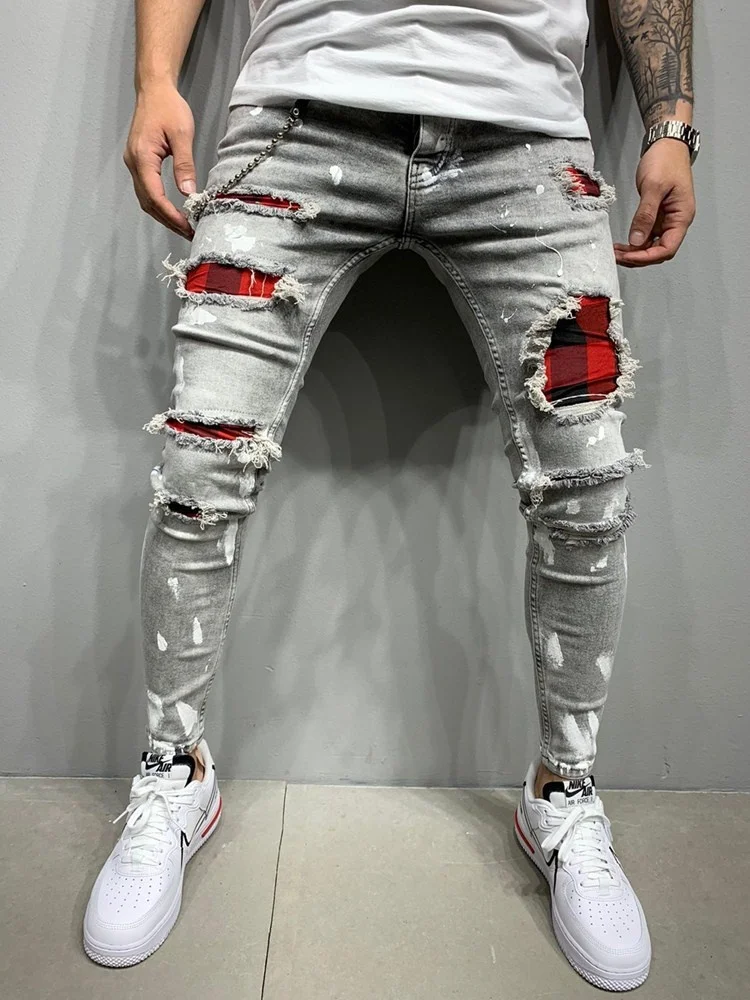

Мужские Узкие рваные джинсы, модные облегающие Стрейчевые брюки-карандаш из денима в клетку с рисунком, брюки для бега