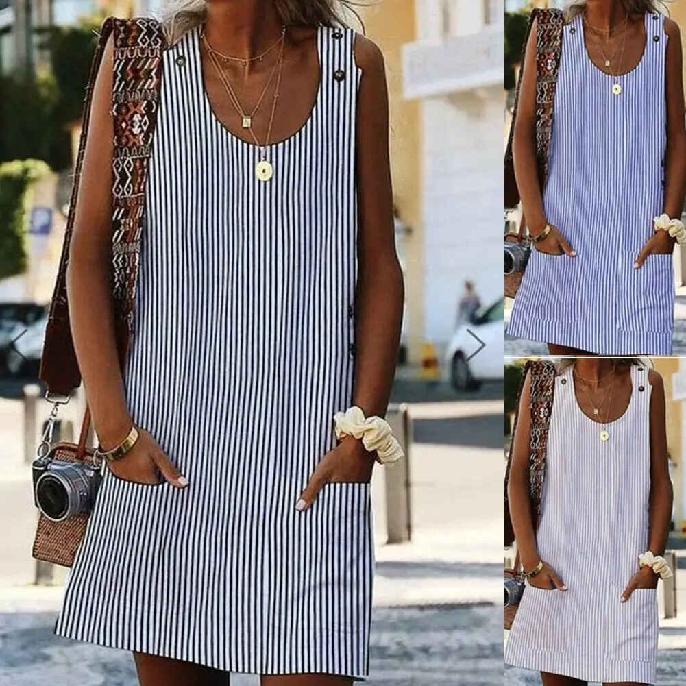 

Plus size boho stripe short mini evening party dress summer beach vacation pocket sleeveless loose casual dress