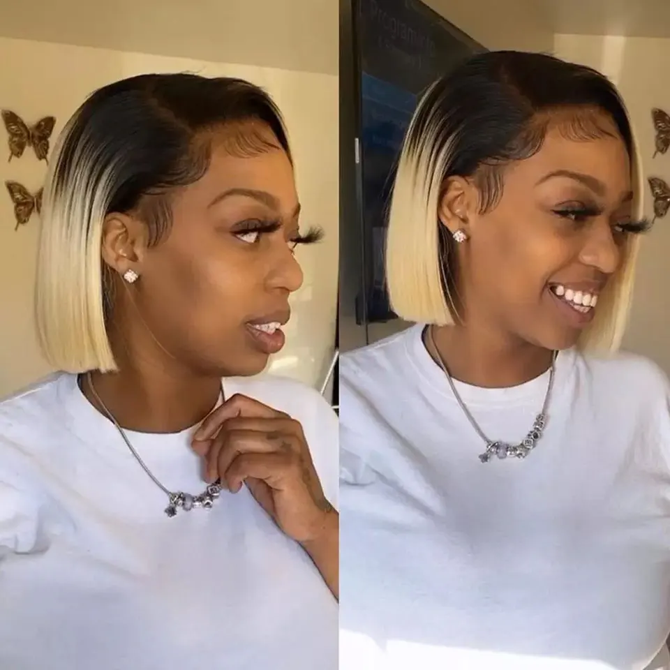 

1B 613 Short Bob 13x4 Lace Front Wig Pre Plucked Brazilian Human Hair Wigs Remy Straight 613 Blonde Frontal Wig For Black Women