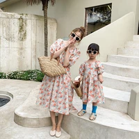 family matching outfits mom and daughter dresses baby girls puff sleeve summer chiffon floral kids children long pompon dress