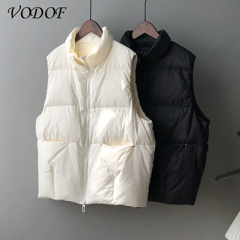 VODOF 2021 New Body Warmer Women's Down Vest Jacket Loose White Duck Down Thick Waistcoat Vest Zipper Sleeveless Coat For Women