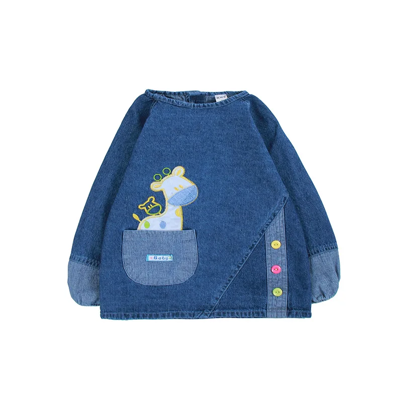 

New 2020 Baby Smock Long-sleeved Denim Baby Child Anti-dressing Cotton Dinner Clothes Rice Pocket Bib Apron Spring Autumn Winter