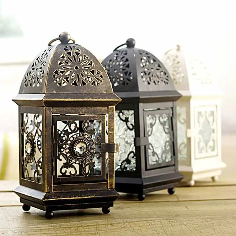 

New Hollow Candle Holder Moroccan Style Votive Candle Hanging Lantern Transparent Glass Black White Colors