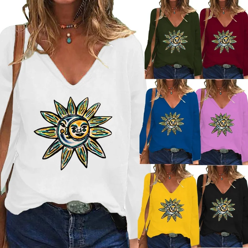 

Женская футболка с длинным рукавом, V-образным вырезом и принтом