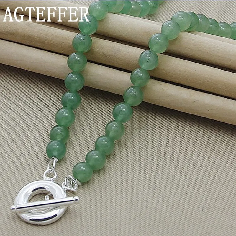 

AGTEFFER 925 Sterling Silver Green beads Necklace For Women Wedding Engagement Fashion Jewelry Gift