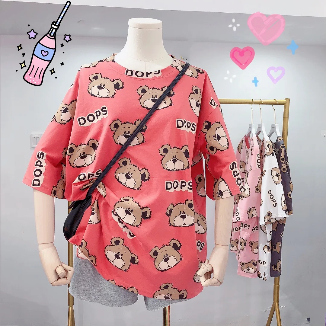 

2021 Korean Summer New Cute Bear Full Printed Sweet Style Cotton Short Sleeve T-shirt Female Student Loose Casual T
