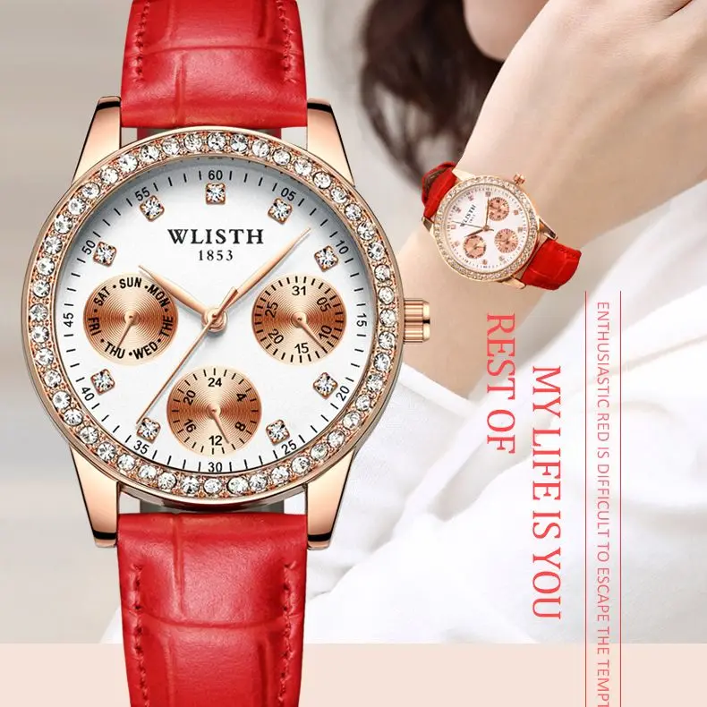 

Fashion Charm Red Strap Women's New Diamond Dress Watch Casual Party Ladies Quartz Leather Business Wristwatches Reloj Mujer