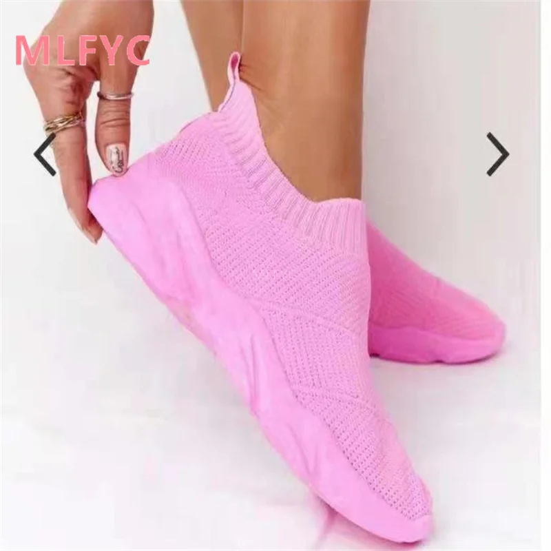 

2022 new breathable flying woven sneakers women's large size increased leisure women's travel shoes cover foot single shoes
