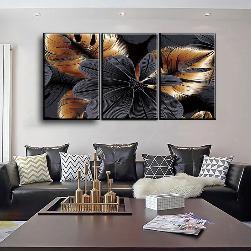 

Nordic Gold and Black Flower Leaves HD Printable Painting on Canvas Modern Plant Wall Art Prints Picture Cuadros for Living Room