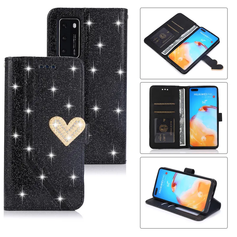 

Sparkle Case For Huawei P40 Lite P30 P20 Pro P10 P9 P8 Lite 2017 Mate 10 20 Lite Pro Bling Leather Wallet Magnet Flip Card Cover