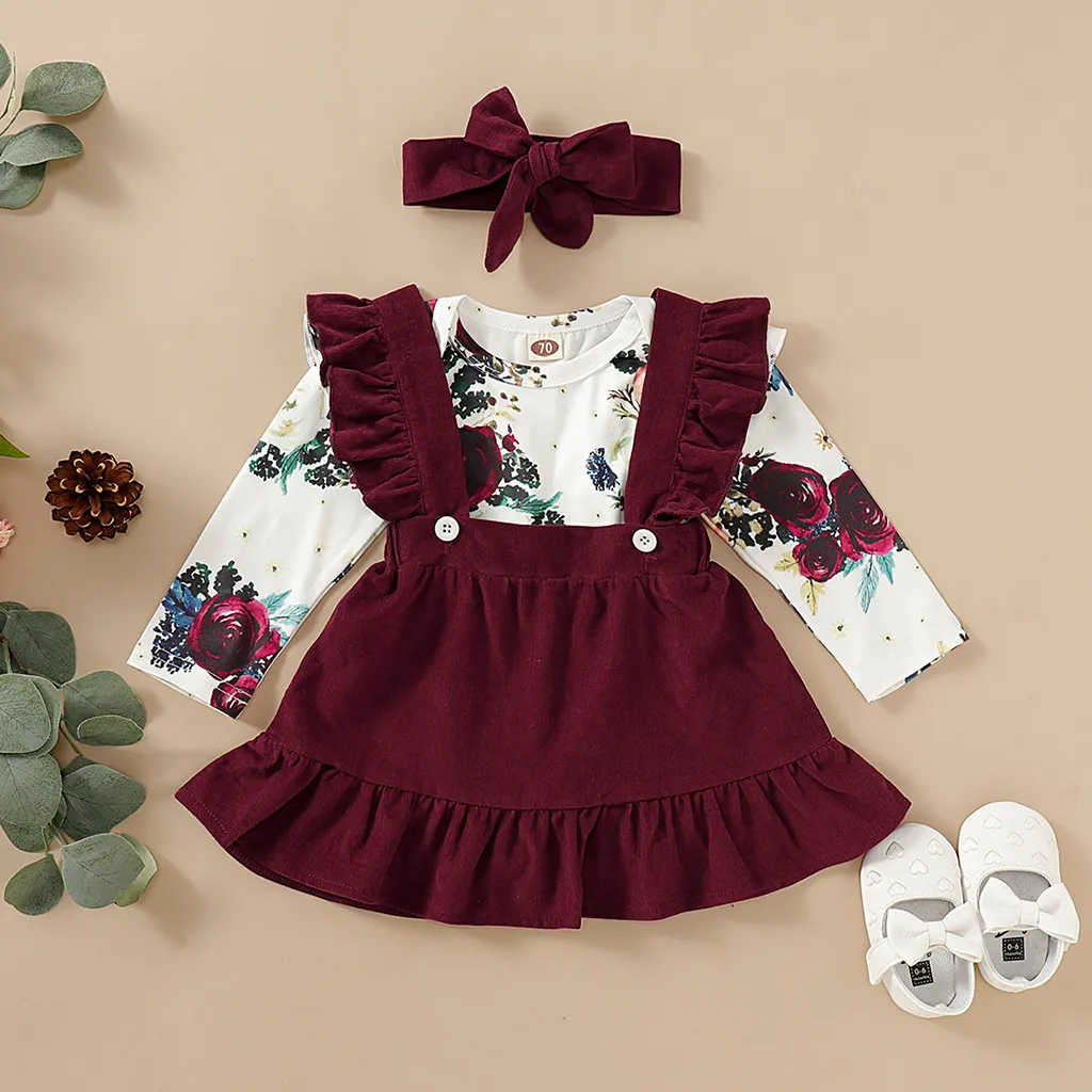 

Newborn Baby Clothes Set Toddler Girls Long Sleeve Floral Romper Bodysuit+Suspender Skirts Outfits Clothing комплек одежд