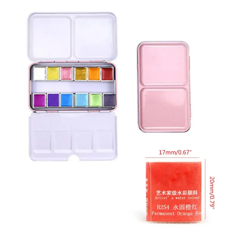 

12/24 Glitter Watercolor Paint Solid Colors Artist Watercolor Paints Pink Portable