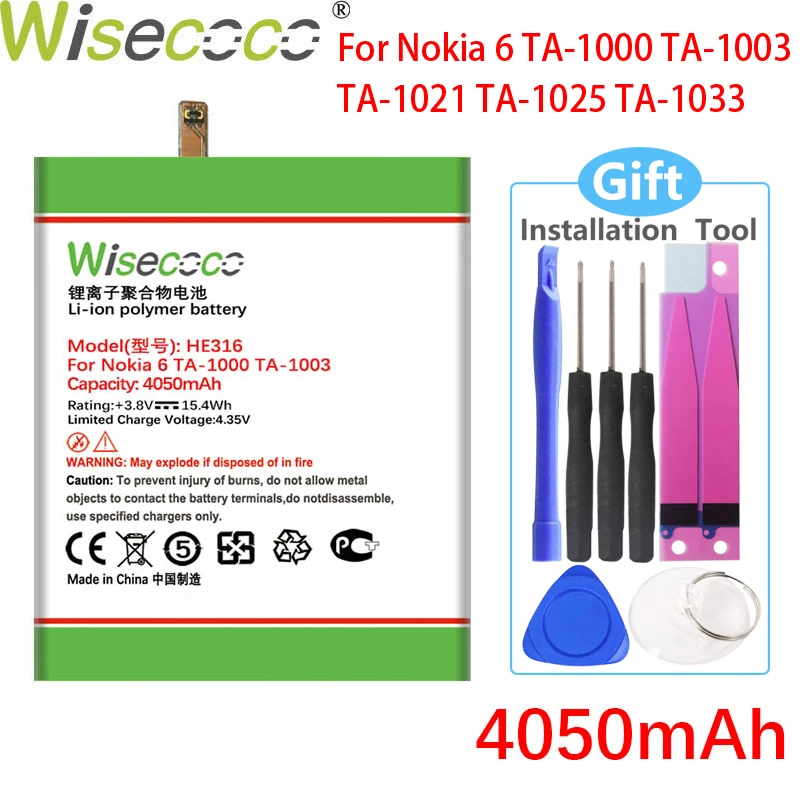 WISECOCO 4050 мАч HE316 Батарея для Nokia 6 TA 1000 1003 1021 1025 1033 в наличии Новейшее