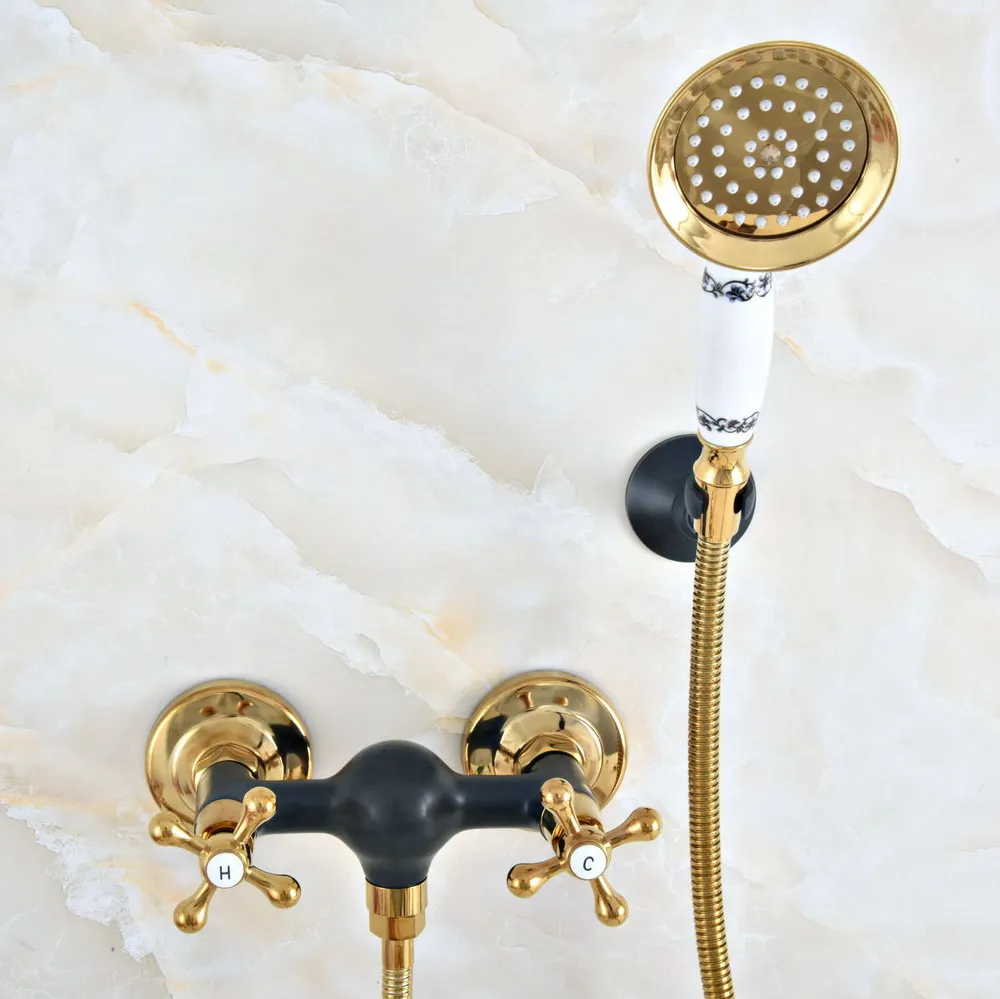 

Luxury Gold Color Brass Black Oil Rubbed Bronze Wall Mounted Bathroom Hand Held Shower Head Faucet Set Bath Mixer Tap mna517