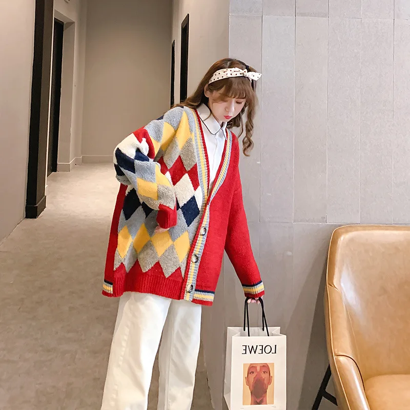 

Net red diamond lattice lazy wind knitted cardigan women autumn and winter new loose fashion sweater women jacket tide