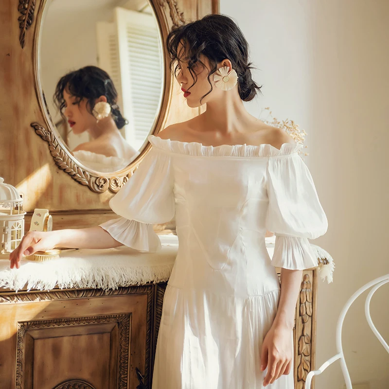 

Maxi Casual Vacation Sexy Dresses Summer Off Shoulder Retro Runway 2021 Party Dress New Long White Elegant Vintage Women Dress