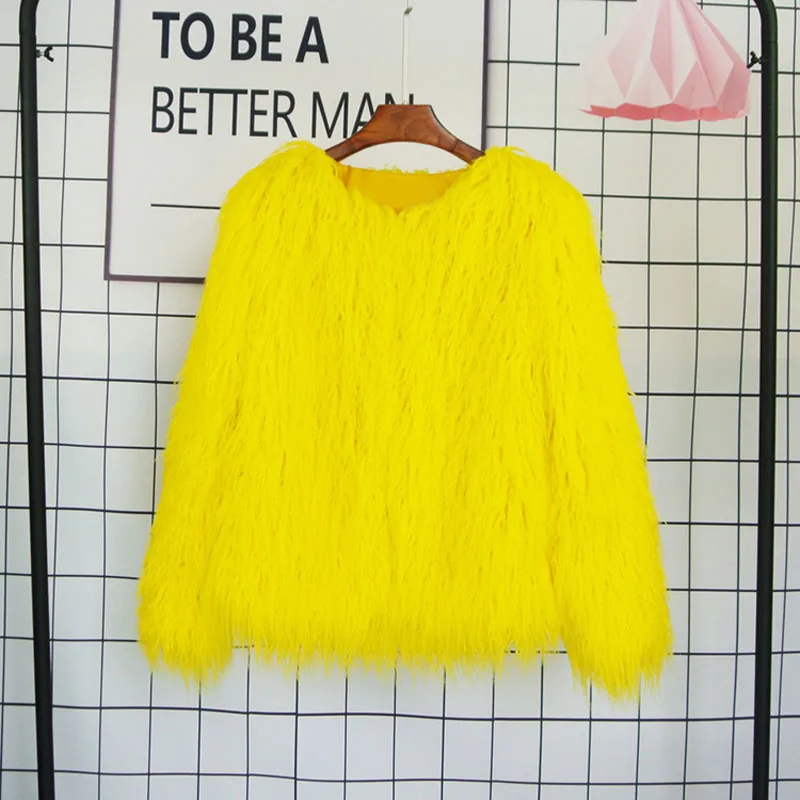 yellow fur coat Зимняя Элегантная Женская Толстая монгольская овечья куртка из искусственного меха, пальто, новая мода, длинный рукав, плюшевое пальто, трендовая уличная одежда - Цвет: yellow fur coat