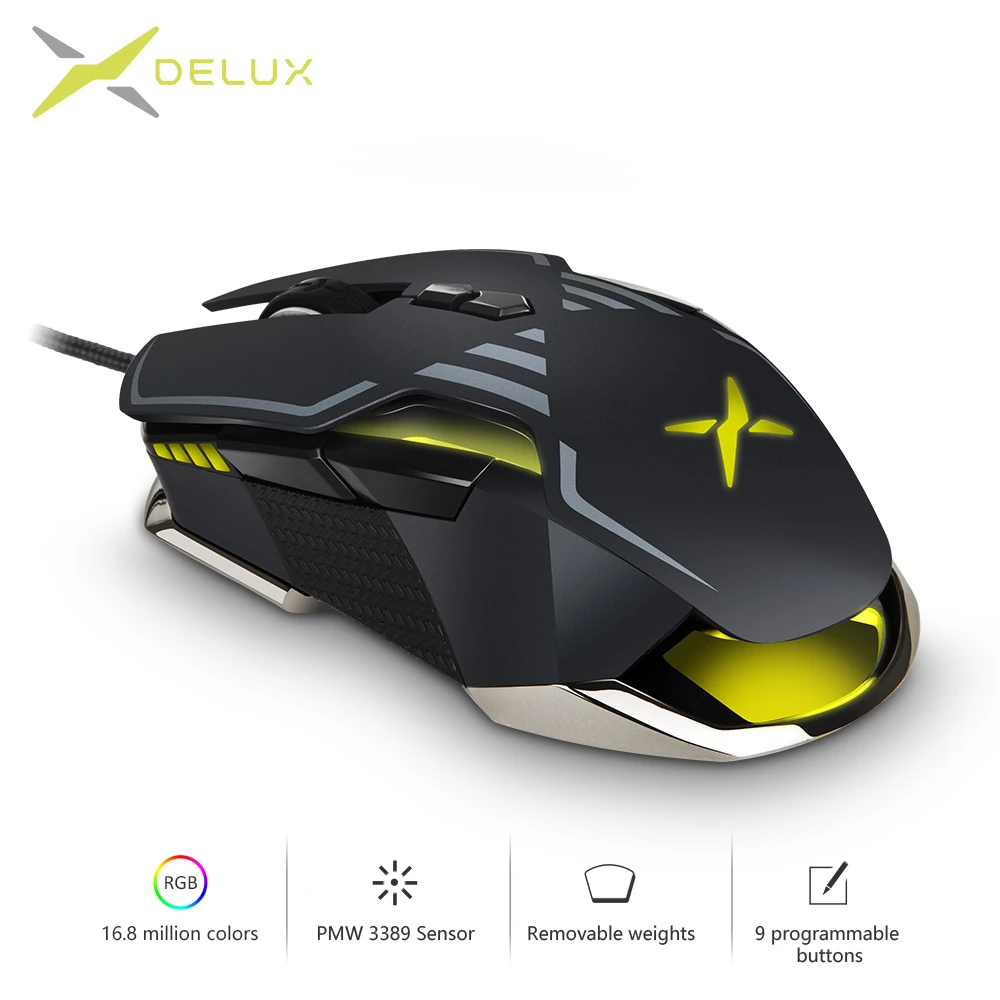 Проводная игровая мышь Delux M628 PMW3389 9 кнопок RGB светильник ка профессиональная 4000DPI